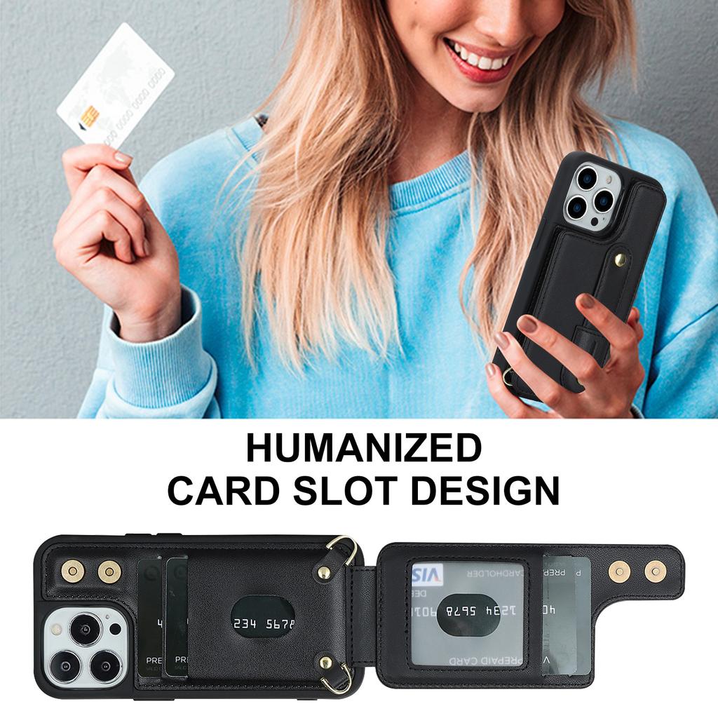 For iPhone 16 Pro Max Case Kickstand Card Slots Leather Coated TPU Cover with Shoulder Strap