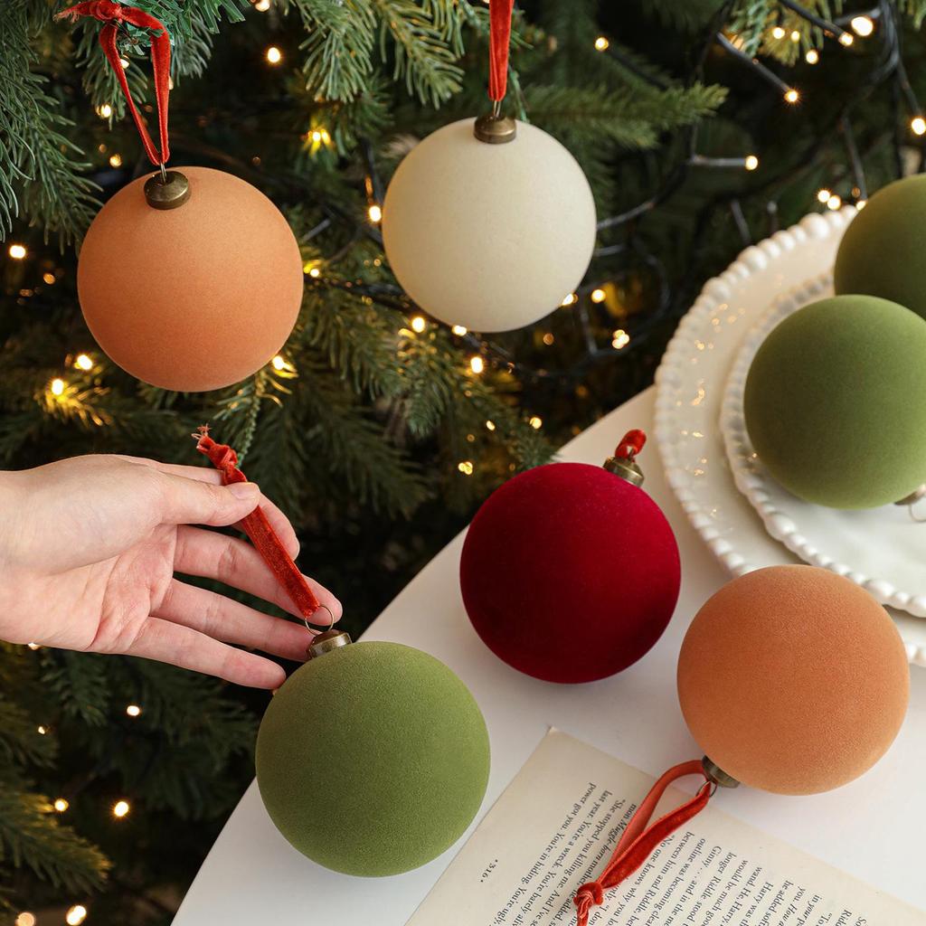 Set of 6 Christmas Tree Ornaments: 8cm Plastic Flocking Colored Balls