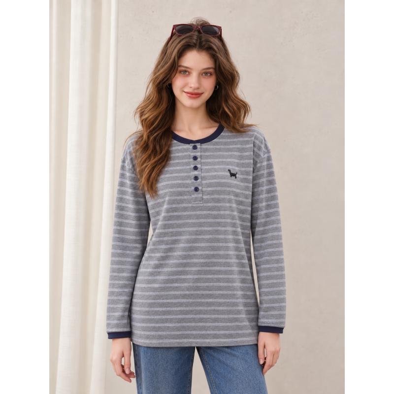 I.T: CHOCOOLATE Women's Striped Henley Long-Sleeve T-Shirt