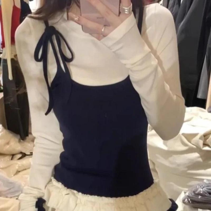 2KWEIRD Korean Woman T Shirts Fake Two Chic Tees Long Sleeve O-neck Ruffles Sweet Camisetas Bandage Casual Y2k T-shirts