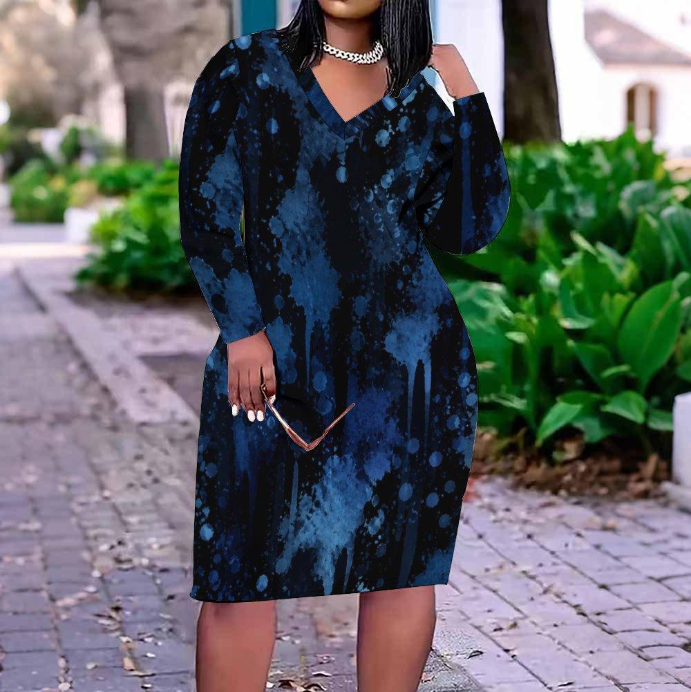 Women Plus Size V Neck Long Sleeve Printed Dark Blue Fitted Straight Dress