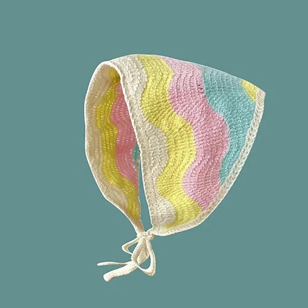 1Pc Knitted Triangle Headband French Pastoral Style Headscarf Hat Little Flower Handmade Crochet Headband Towel Spring Summer