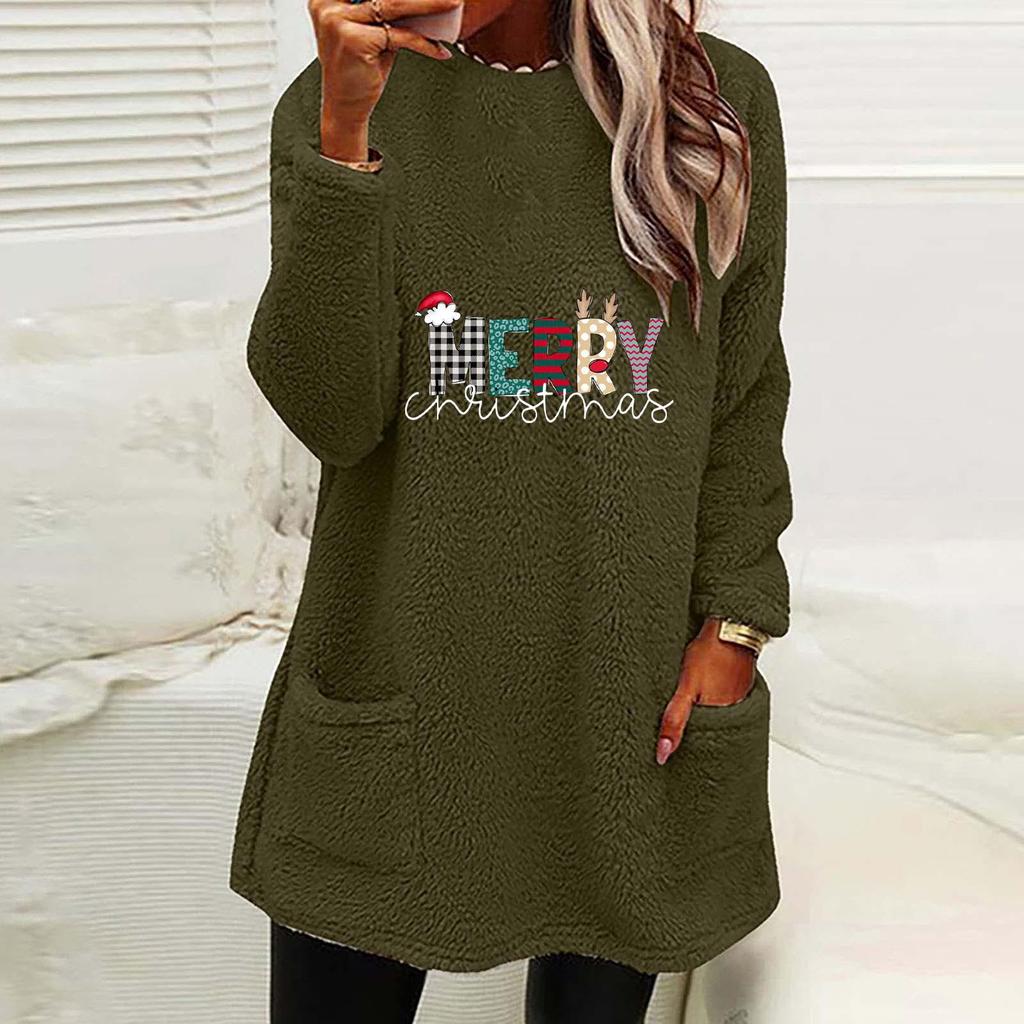 Women's Christmas Print Round Neck Loose Long Sleeve Pocket Plush Hoodie