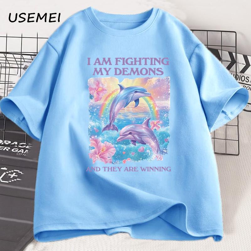 

Funny T-shirt Men I Am Fighting My Demons Dolphine T Shirt Cotton Short Sleeve Tshirt Round Neck High Quality Men s Clothes 4XL