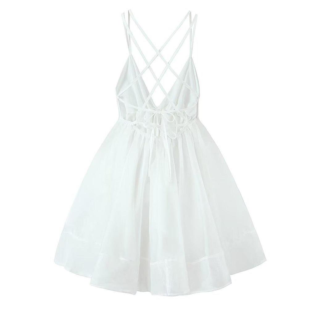 European-American French Deep V-Neck Strappy Open Back Beach Vacation Puffy Dress