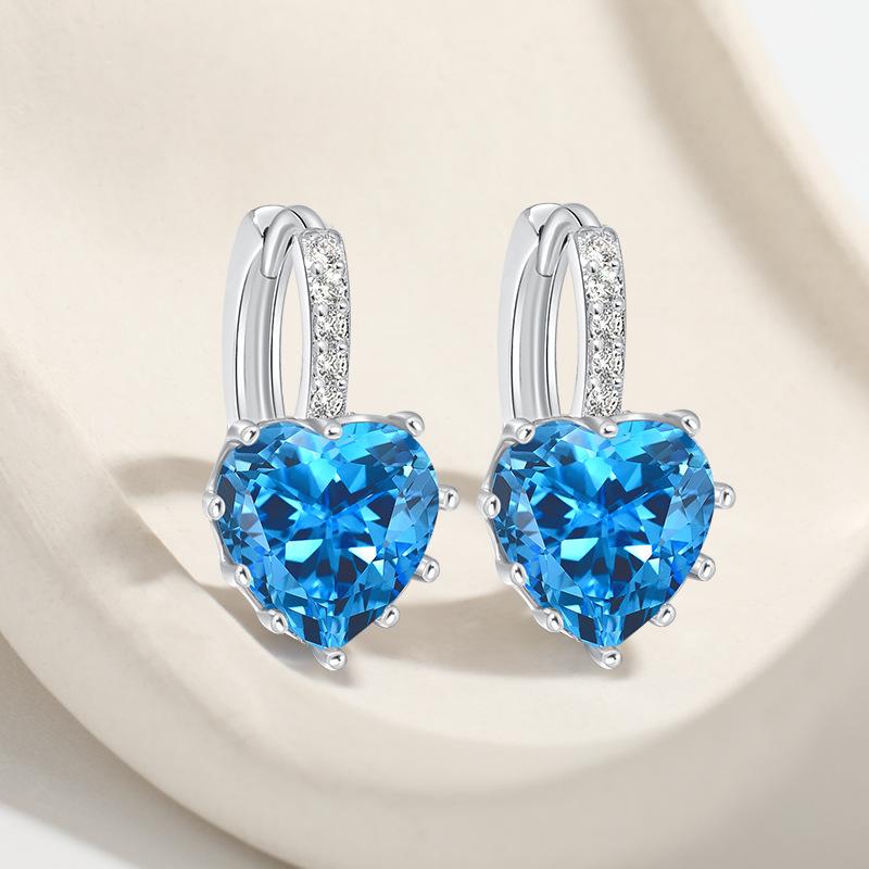 Korean Version of Premium Colored Diamond Love Ear Clips and Ear Buckles, New Twelve Constellations AAA Heart Earrings