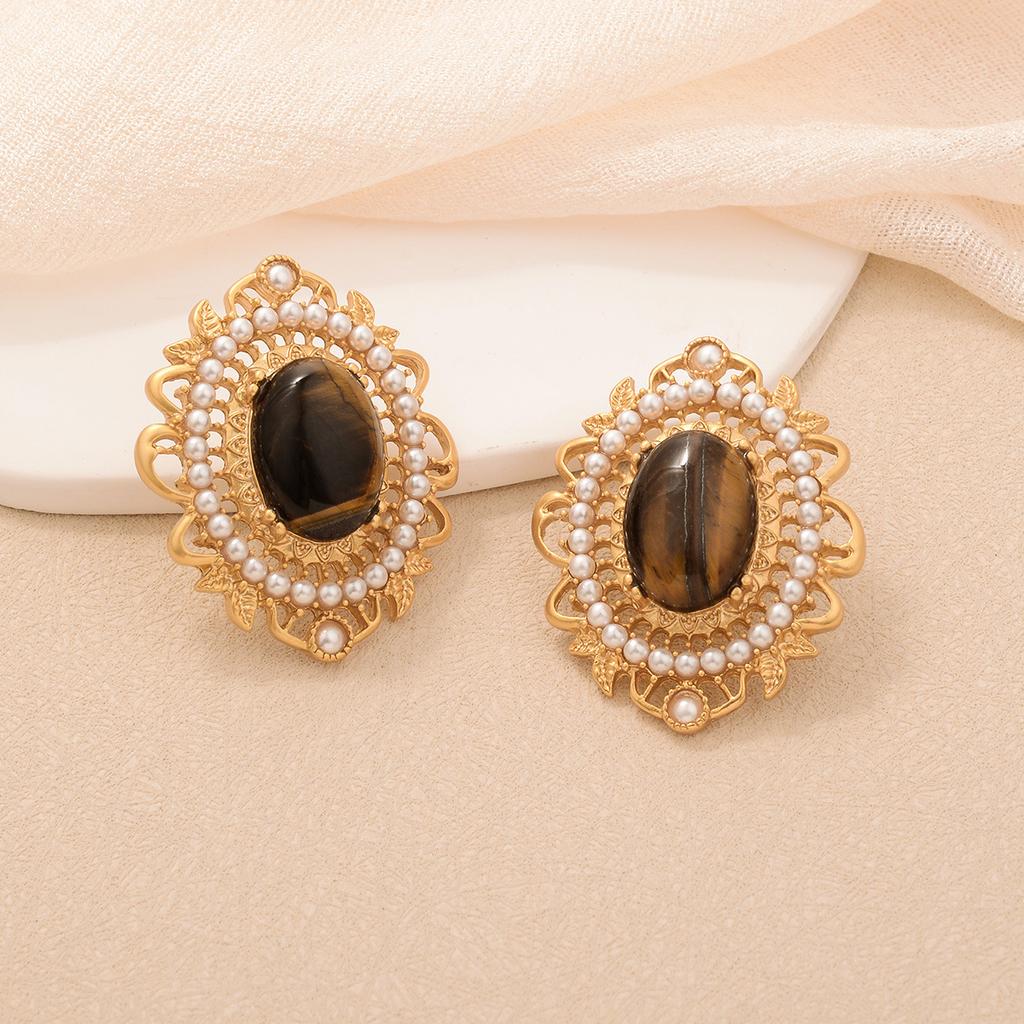 Maillard enamel color big flower stud earrings vintage copper plated medieval gold earrings tiger eye series texture earrings