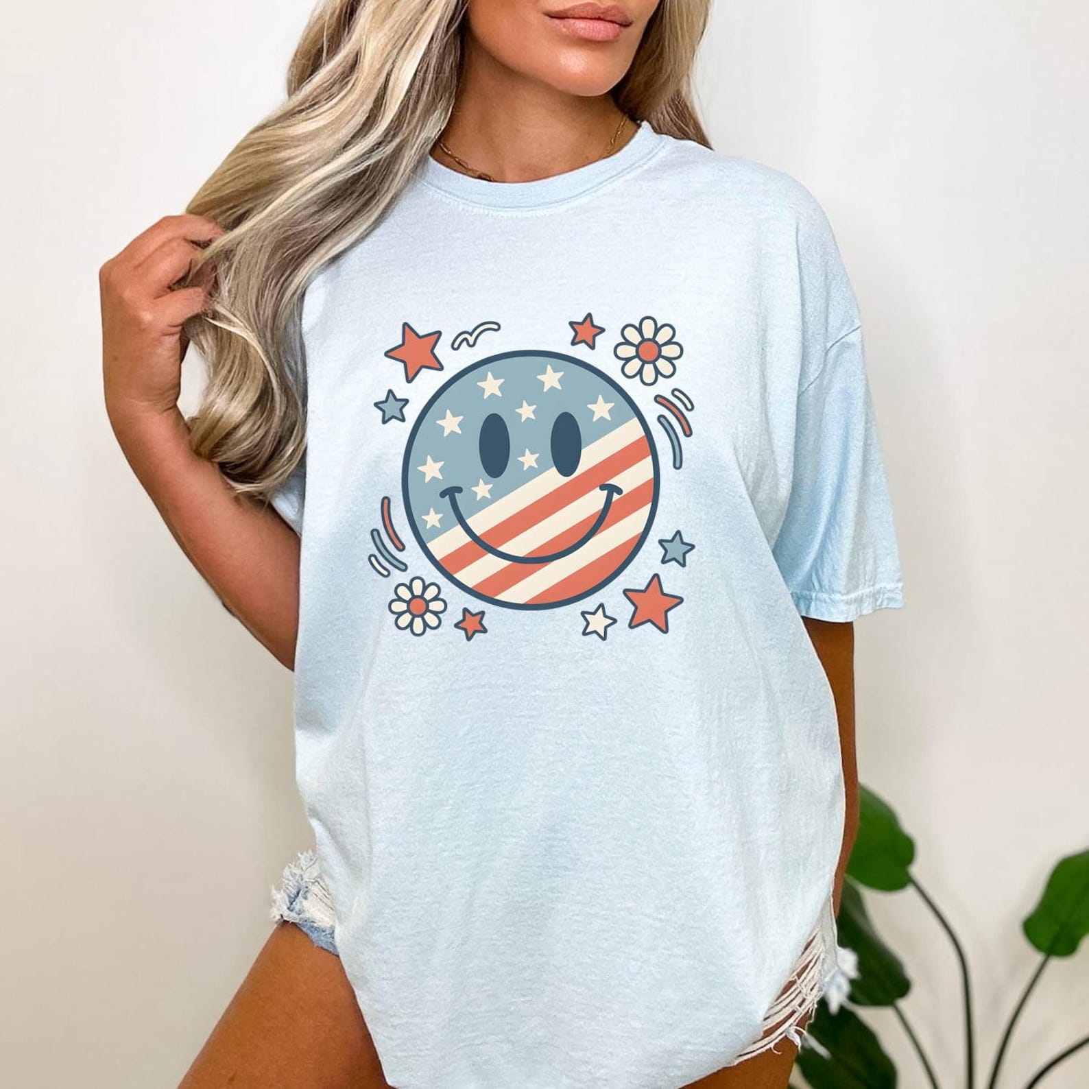 Rustic Happy Face T-Shirt, Comfort Colors 1717 Vintage Patriotic Emoji Tee, Retro Americana Smiley Top L