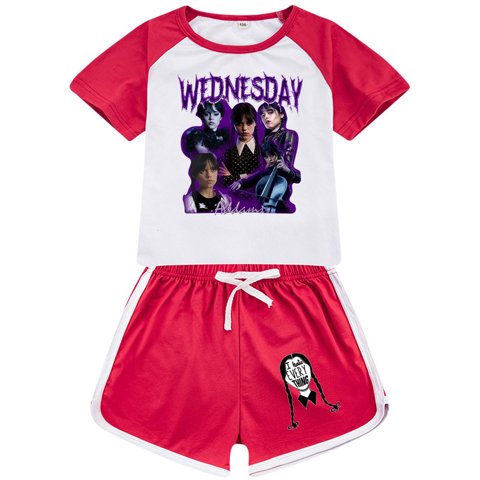 

Летний комплект из двух предметов, детский топ большого размера с круглым вырезом и короткими рукавами и облегающие велосипедные шорты для йоги в полоску 140 красный