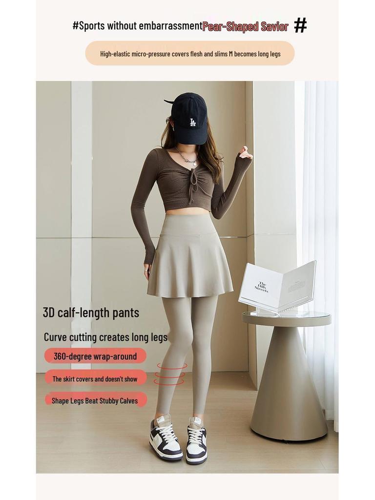 Versatile Women's Slimming Plus Size Yoga Leggings with Skirt Overlay - Nine-Point Summer Pants