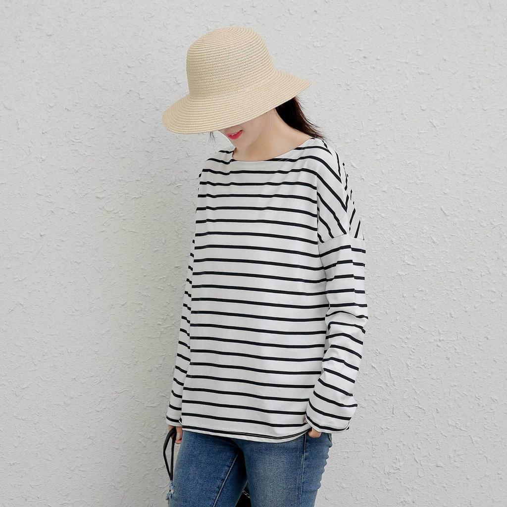 Johnature Striped Casual T Shirts Women Autumn Simple All Match Loose Full Sleeve Loose Tops