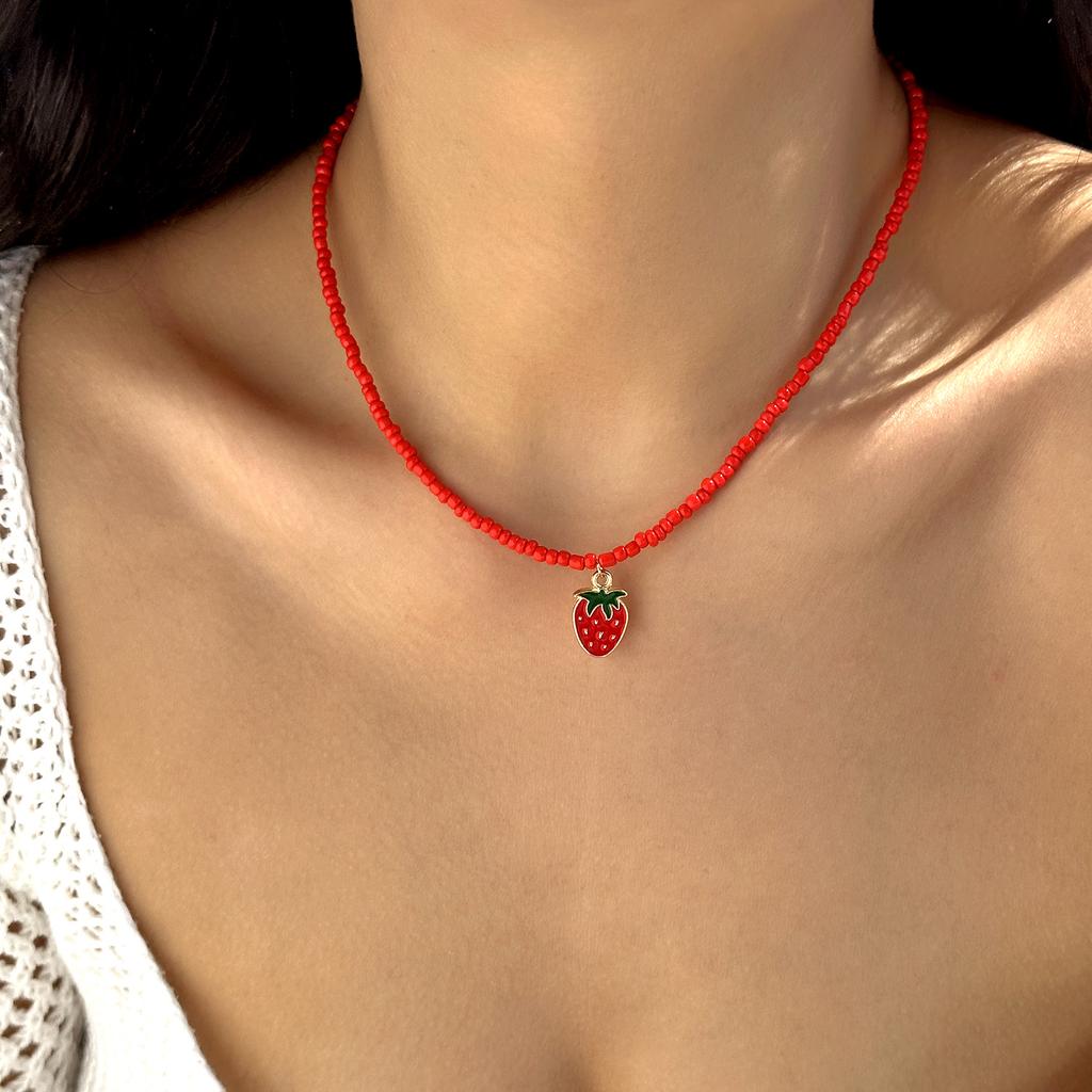 Lovely Cherry Pendant Rice Beads Choker Necklace for Women Fashion Simple Starfish Strawberry  Clavicle Chain Party Zircon Gift