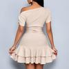 Women Off Shoulder Casual Dress Puff Sleeve Ruched Waist Double Layer Ruffle Hem Short Skirt Design for Summer Outfits