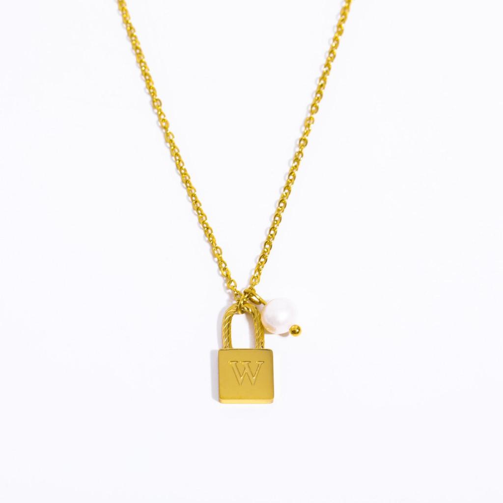 18K Gold Plated Pearl & Stainless Steel Zodiac Lock Pendant Necklace