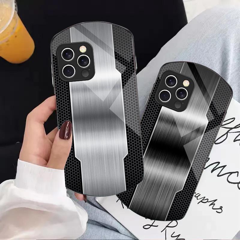 Mesh Metallic Black For IPhone 16 Pro Max 11 12 Mini 13 14 P Lus 15 Plus 7 8 Se 2020 X Xs Elliptical Tempered Glass Phone Case
