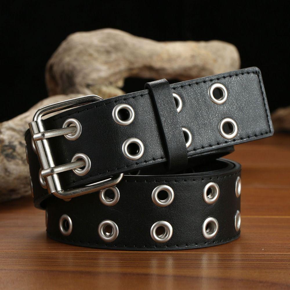 Punk Double Row Hole Belt Metal Buckle Hip-hop Waist Belt PU Leather Star Waistbands Female/Girls