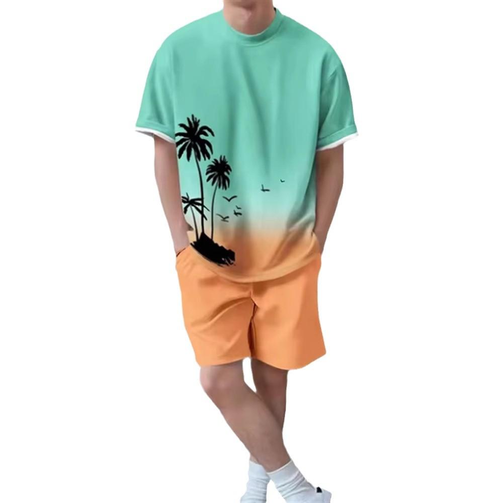 Verão Manga Curta Shorts Férias na Praia Casual Estampa 3D de Palmeira de Coco Conjunto de Praia Roupa Esportiva Masculina
