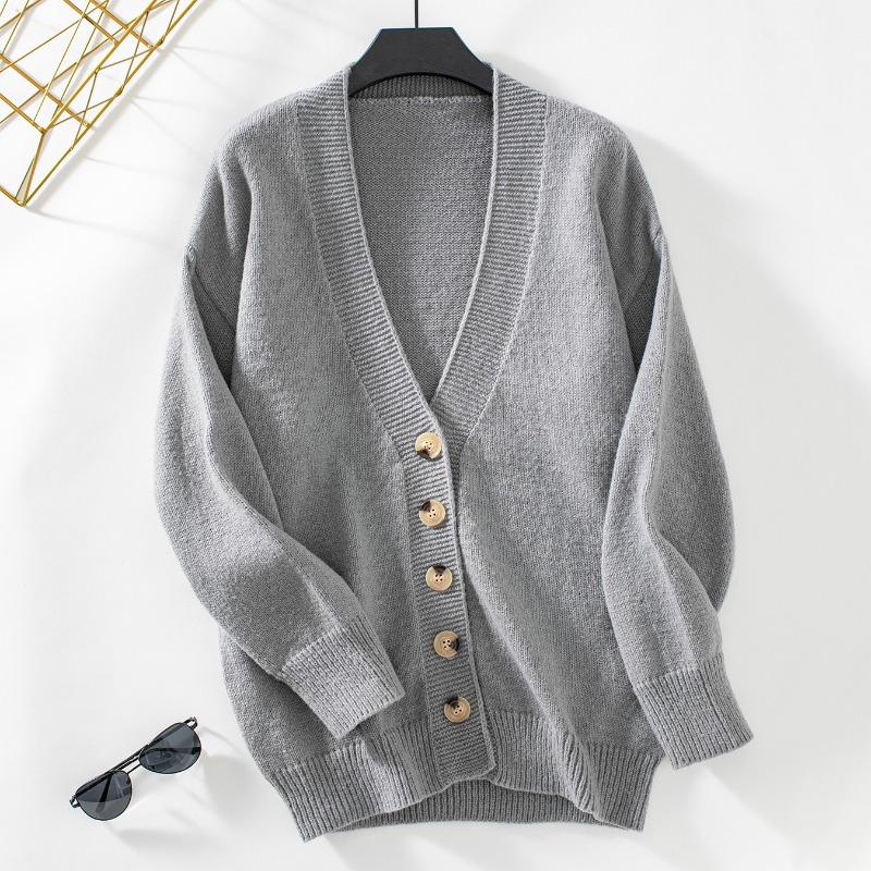 Women European Style Solid Color Single Breasted Thick V Neck Long Sleeve Knit Cardigan Sweater Coat