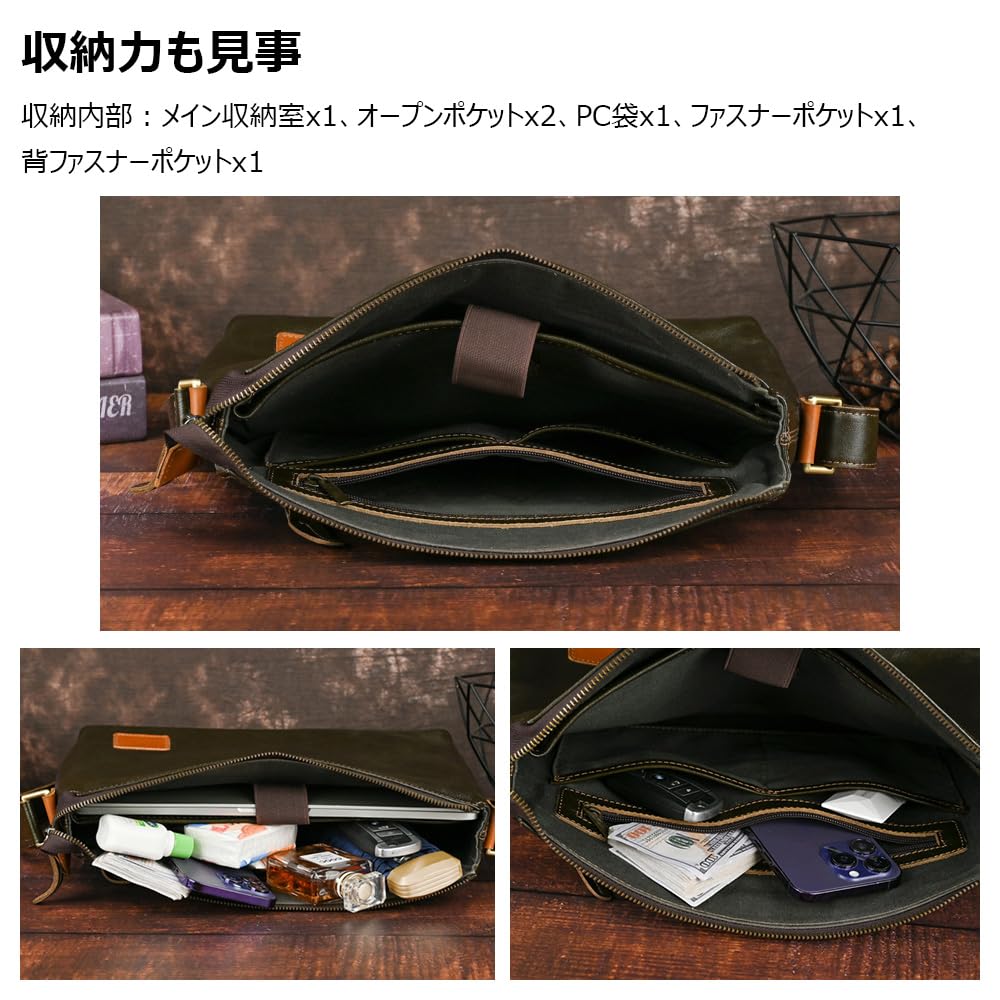 Whatna Antique-Style Tanned Natural Cowhide Leather Shoulder Bag for Men, Crossbody Messenger Bag, Large A4 Size, Fits iPad Pro 13, Horizontal Style,