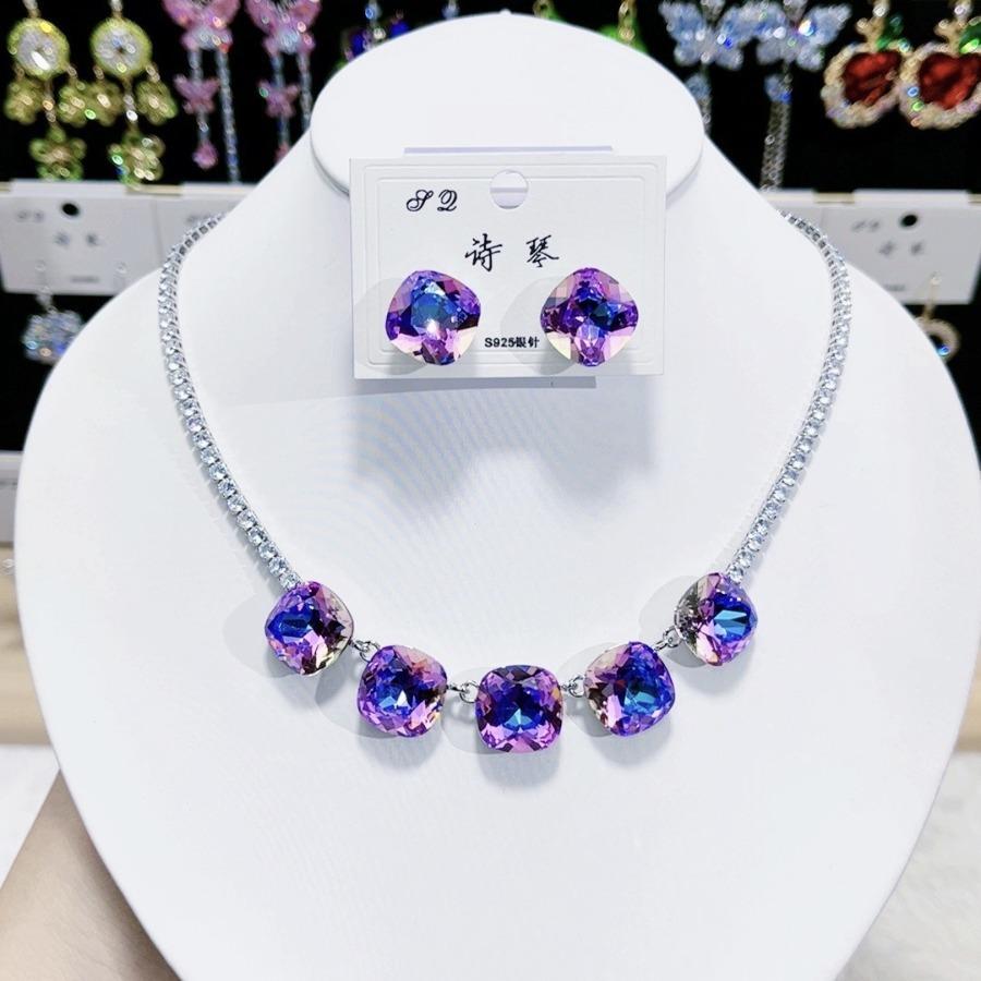 

2pcs Purple Necklace Earrings Pendant Zirconia Women Crystal Chokers Collares Bridal Wedding Party Fashion Jewelry Set Gifts фіолетовий