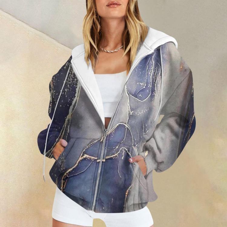 Damen Lässig Langarm Bedruckte Kapuzenpullover Sweatshirts Reißverschluss Pullover Textur Mantel Mode