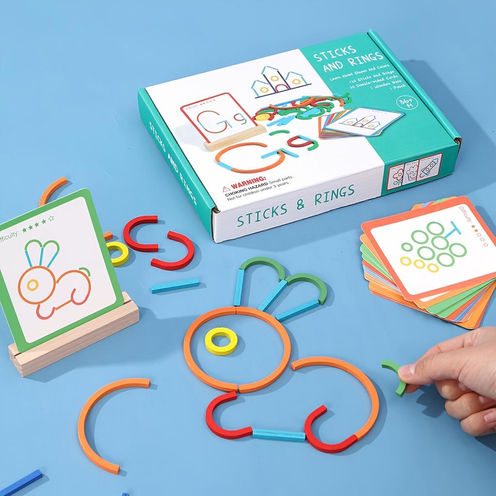 One set of colorful wooden creative 120pcs stick and ring puzzle toys for hand ability training, observation and concentration development