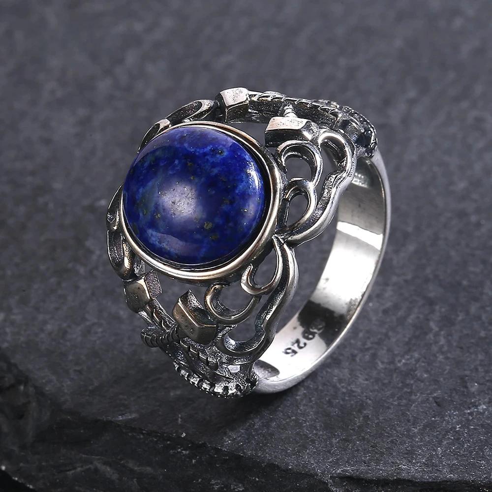 S925 Silver Natural Big Oval Natural Lapis Lazuli Ring for Women Men Gift Vintage Large Ring Fine Jewelry 6