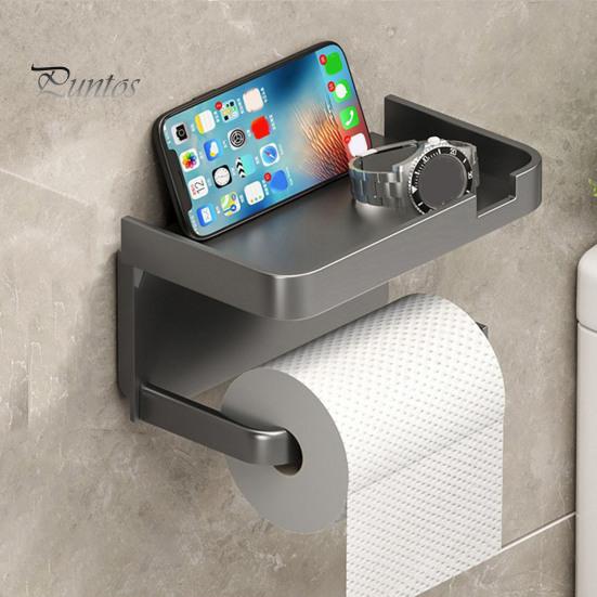 Toilet Paper Holder with Storage Shelf Strong Load-bearing Simple Installation Self-Adhesive Roll Paper Holder Bathroom Organizer