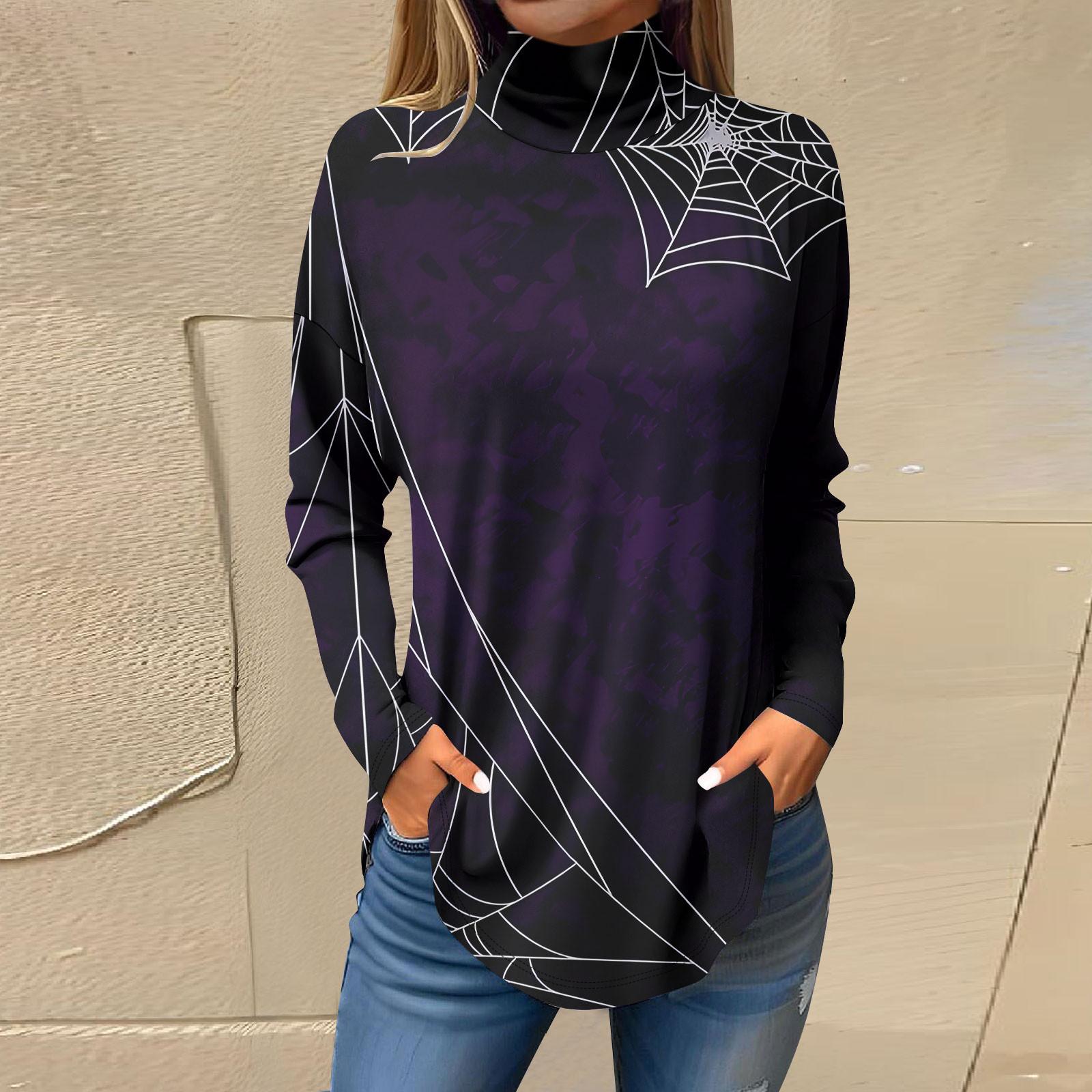 

Футболки для женщин, осенние повседневные рубашки с длинными рукавами, толстовка с принтом на Хэллоуин, топ с высоким воротом, пуловер L фиолетовый