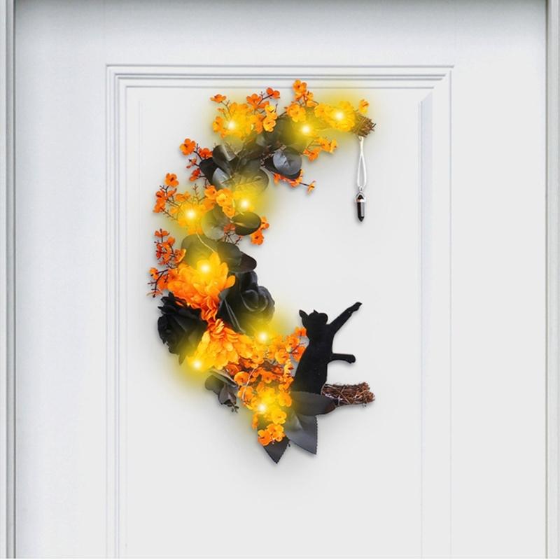 Halloween Moon Cat Wreath Simulation Hanging Pendant Autumn Rustic Crafts Spooky Halloween Decorations for Home Party