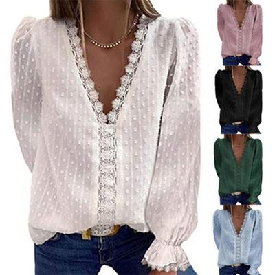 Women V-neck Long Sleeve Chiffon Shirt Embroidered Lace Pullover Top