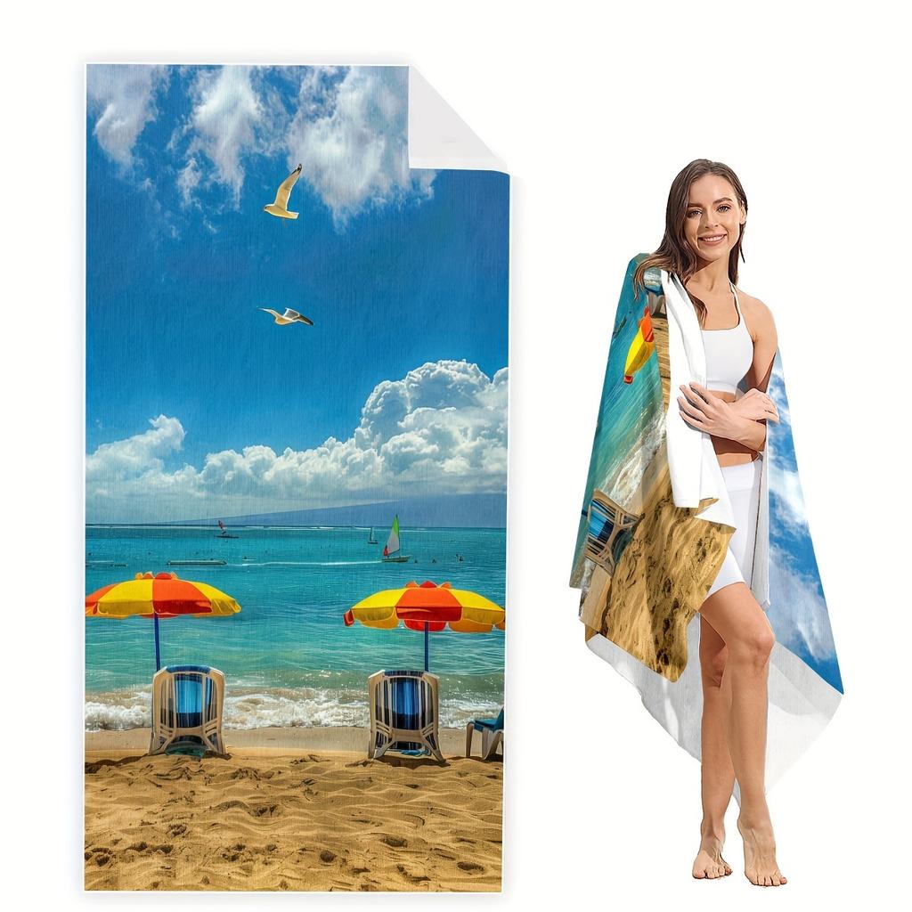 Adorable Summer Landscape Beach Towel, Colorful Ocean & Sand Design, Soft Microfiber Towel, Perfect Gift For Travel Lovers