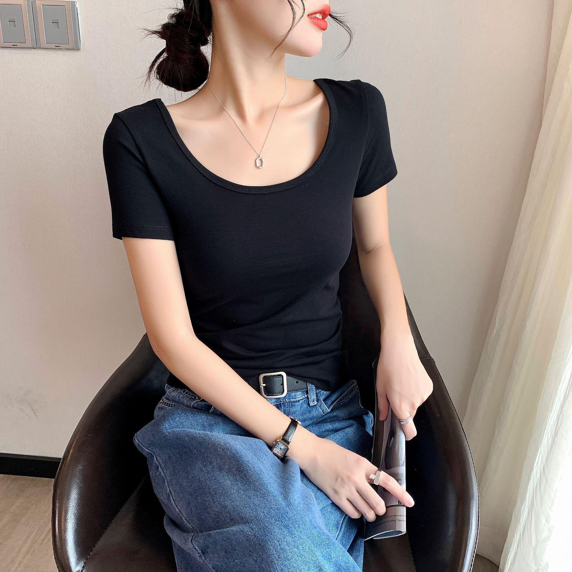 

Women s Cotton U-Neck Slim Fit Short-Sleeve T-Shirt - Summer Versatile Top XXL [Recommended 126-140 jin]