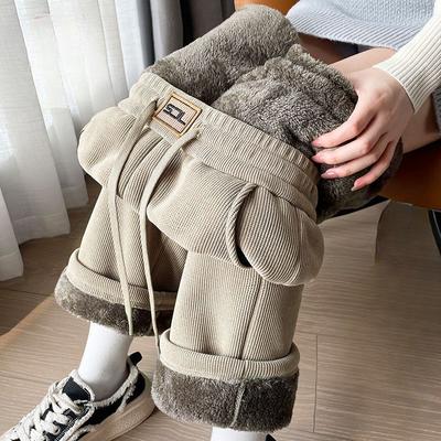 Thickened Lamb Plus Size Corduroy Wide-leg Pants for Women, Perfect for Autumn and Winter Casual Wear