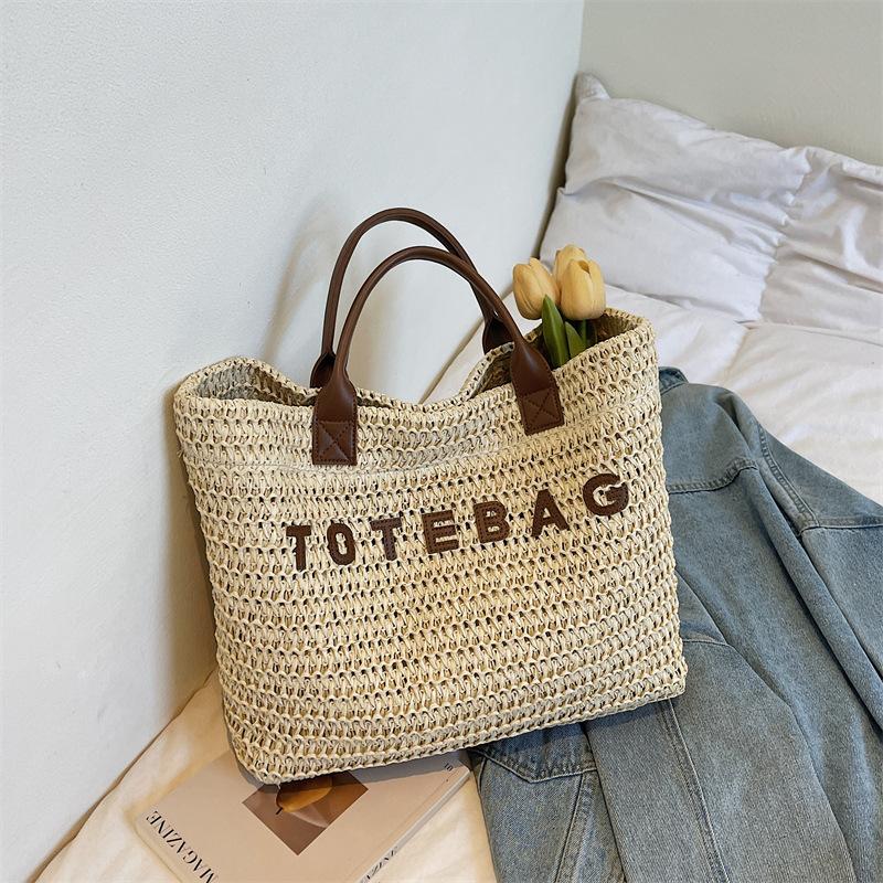 Casual straw woven tote bag for women, 2026 new letter handbag, simple large capacity vacation beach woven bag