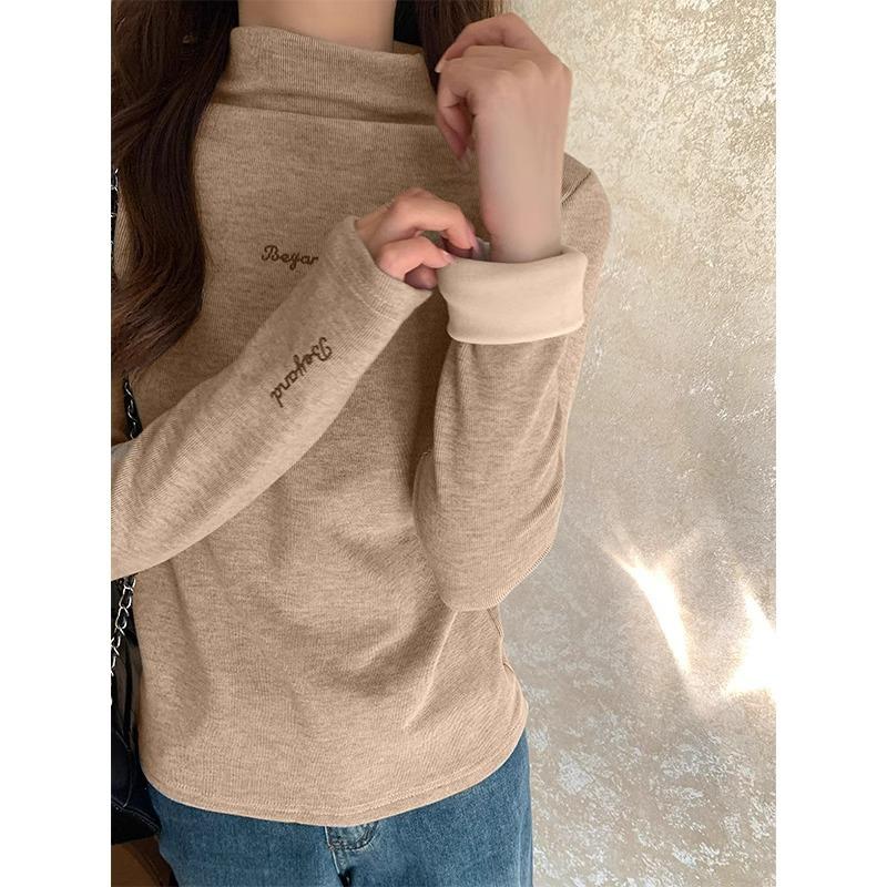 Kwiatowy szary T-shirt z długim rękawem dla kobiet zima nowy półwysoki kołnierz drukowany top niemiecki aksamit plus aksamit pogrubiona wewnętrzna koszulka bazowa