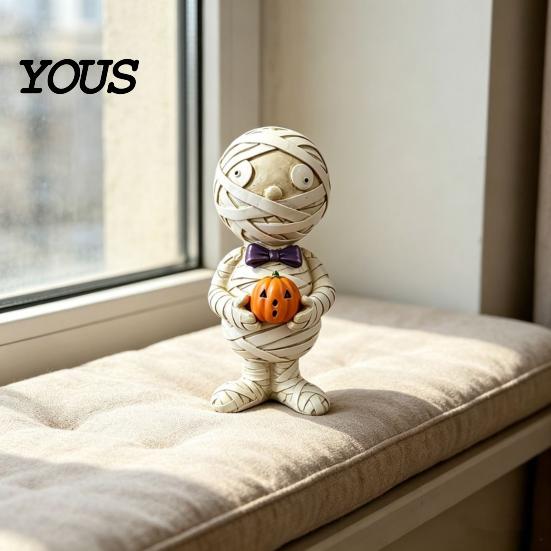 Texture Zombie Mummy Holding Pumpkin Halloween Decoration, Spooky Resin Decoration Desktop Figurine for Indoor Shelf, Tiered Tray Decor Bow Tie