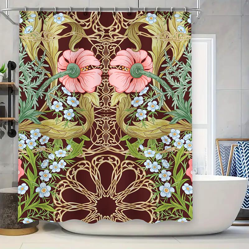 

Luxurious Vintage Style Shower Curtain with Beautiful Floral Design for Bathroom Decor Red Green White Flower Pattern (180x180cm 90x180cm