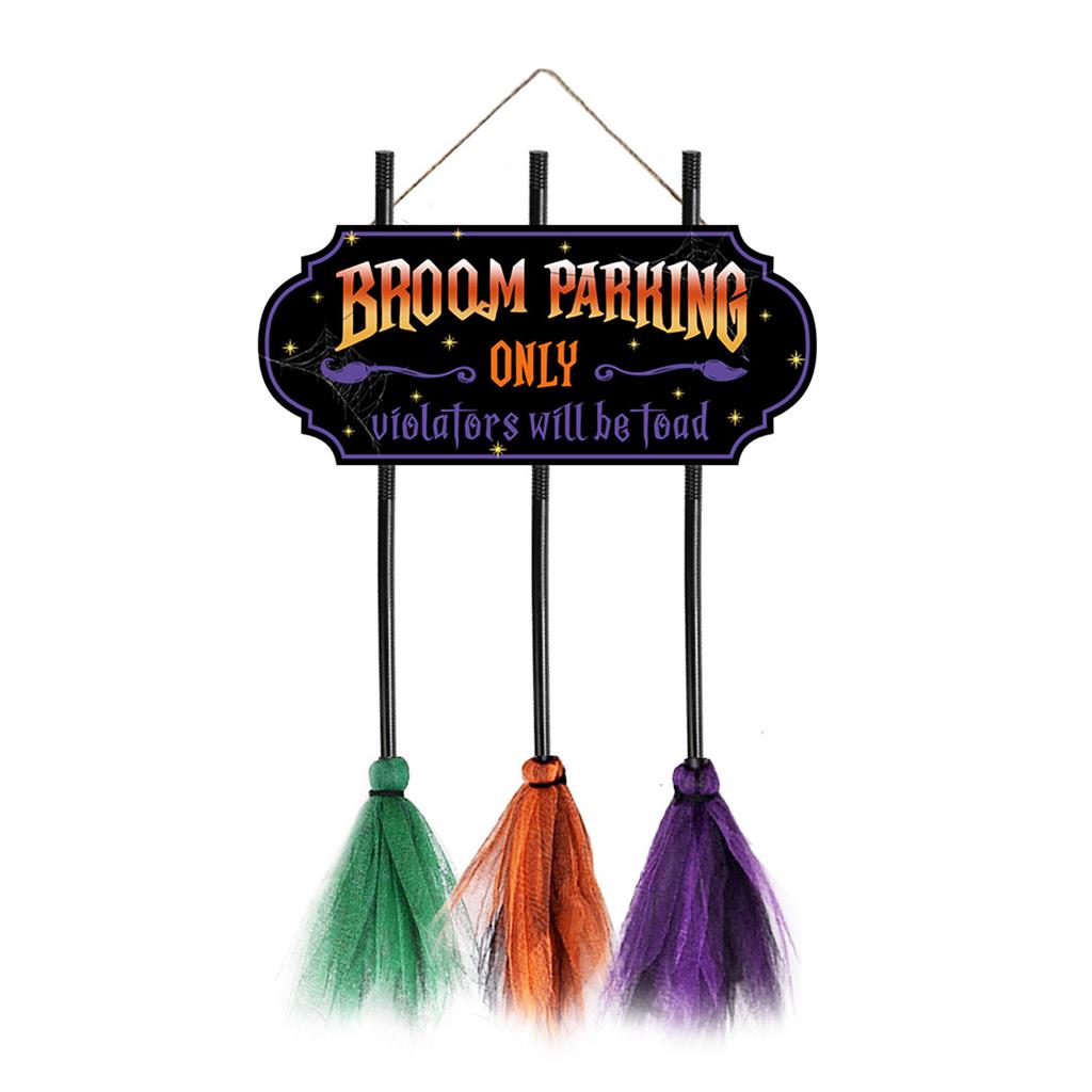 Broom Parking Sign 35.4 IN Wooden Witches Brooms Cute Witches Decoration Sign Spooky Holiday Witch Sign for Front Porch