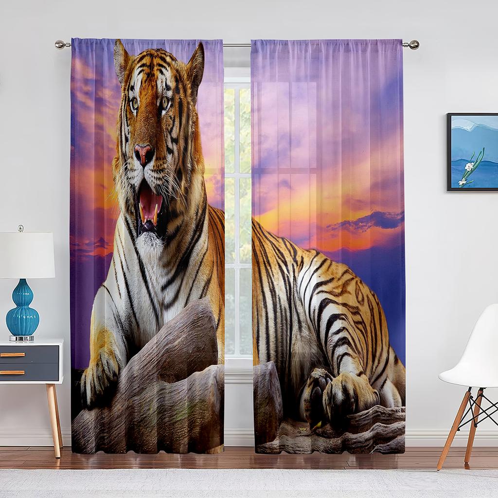 Grauer Tigerkopf-Vorhang mit Wildtier-Motiv, transparenter Voile für Schlafzimmer, Wohnzimmer, Hoteldekor, Küchenfenster, Chiffon-Tüllvorhang