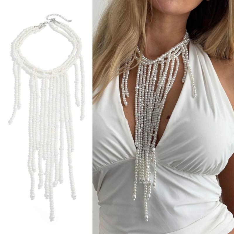 Fashionable Imitation Pearls Layering Necklace With Flowing Fringe Detail Adjustable Beaded Clavicle Chain