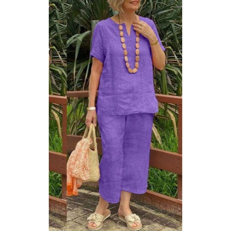 Damen Leinen Kurzarm Top und Weite Hosen Set in Hellgrau, Schwarz und Weinrot