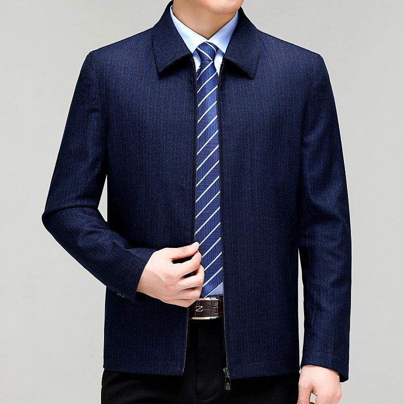 Men's Classic Wool Jacket - Spring/Autumn, Middle-Aged & Elderly, Business Casual Lapel with Zipper.