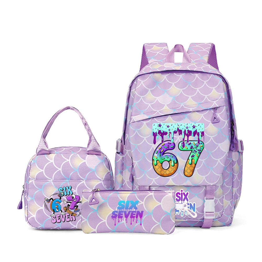 67 Impression Numérique de Dessins Animés Sac à Dos d'École Primaire et Secondaire Sac à Lunch Sac à Dos de Voyage Trois Pièces Three piece set