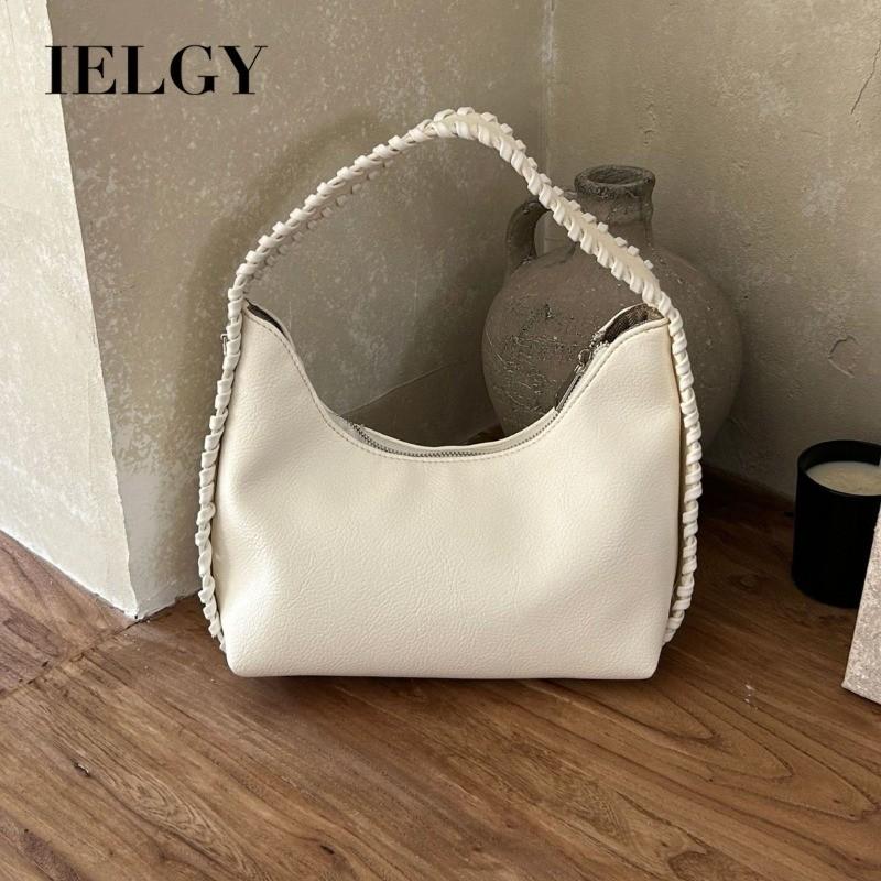 IELGY Woven Texture Fashion Underarm Bag Solid Color All-Match Crescent Bag Simple Trendy Portable One-Shoulder