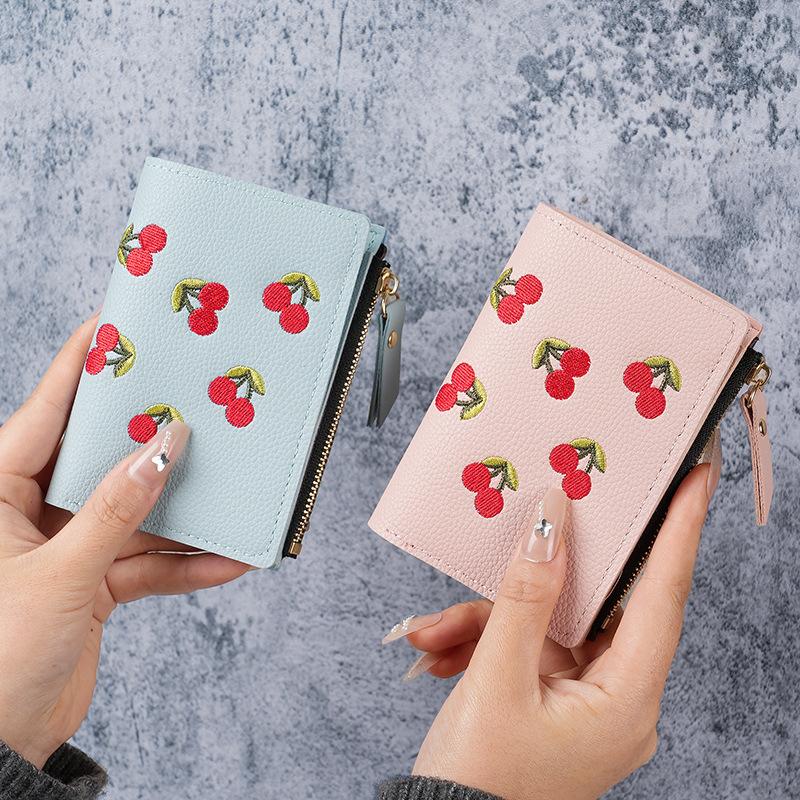 Cute Cherry Embroidered Small Short Wallet Simple Wallet Girls Multi-Cards Holder Coin Zipper Purse for Women