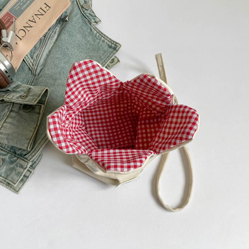 Sweet Cute Floral Drawstring Bucket Bags for Women Red Gingham Trim Kawaii Crossbody Bag Daily Pink Starry Canvas Shoulder Bag