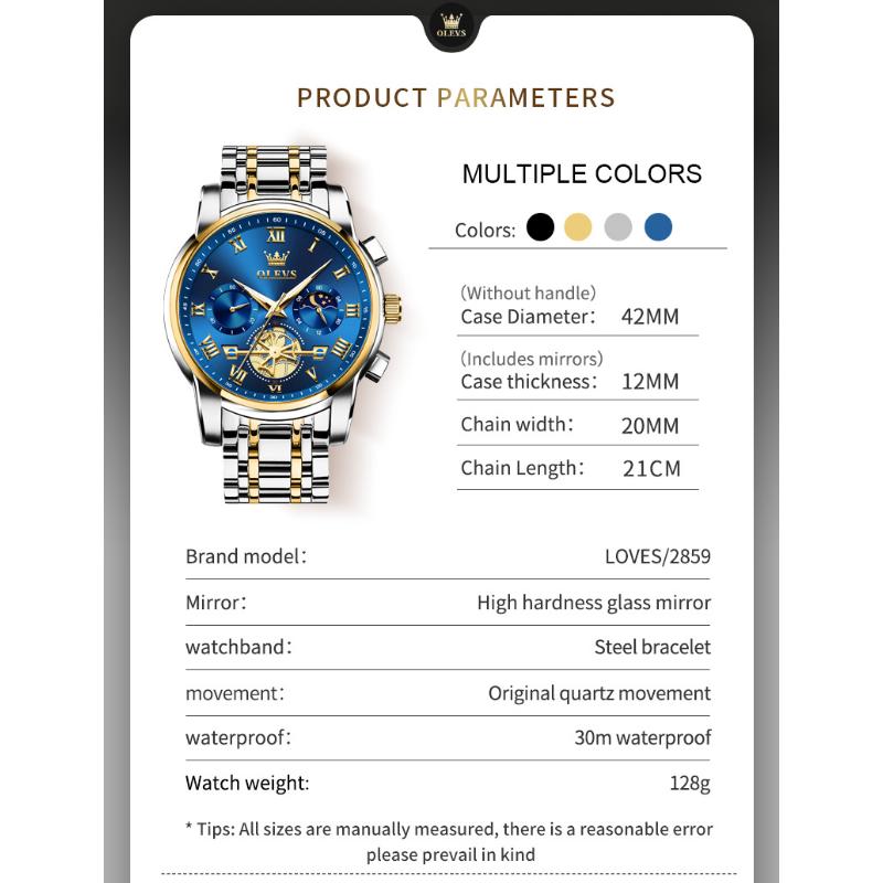 OLEVS Top Original Quartz Men's Watches Classic Roman Scale Dial Moon Phase Waterproof Luminous Luxury Wrist Watch for Male