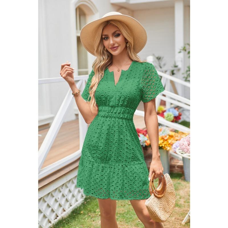 Female V-neck Hollow Lace Pleated Short Sleeved Dress