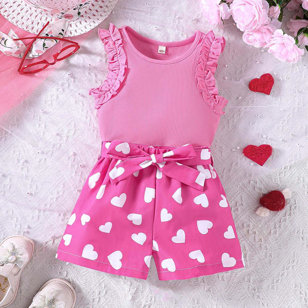 Girls Summer Knit Tank Top with Ruffles and Sleeveless Backless Top + Heart Print Shorts Two-Piece Casual Set 90 ярко-розовый